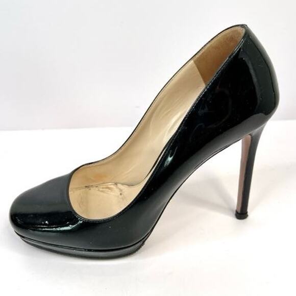 Prada Size 5 (EU 35.5) Black Patent Leather Pumps 4 Inch High Heels Round Toe - Picture 3 of 12